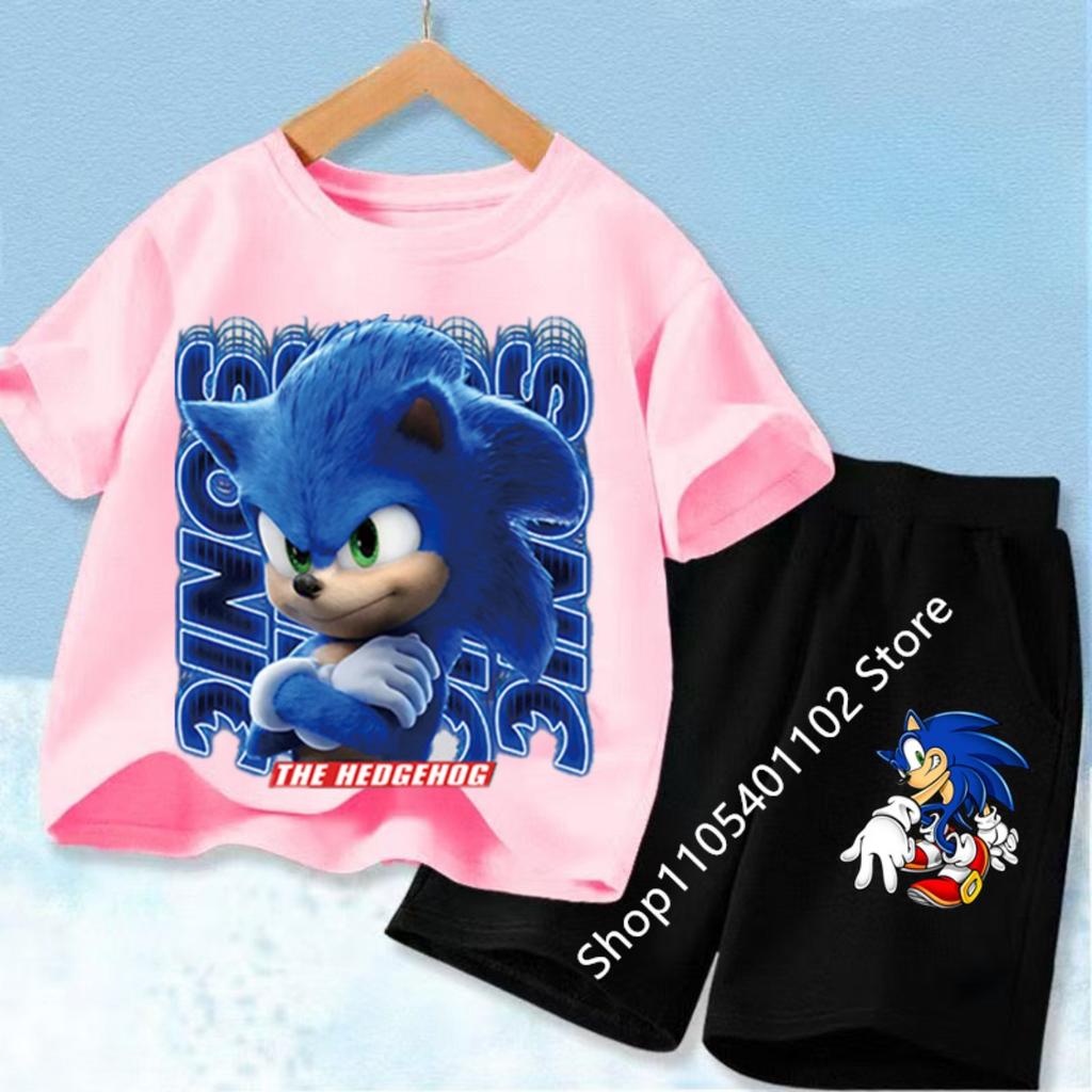 Fashion Anime Children's T-shirt Set Sonics The Hedgehog Top Short Sleeve + Shorts Two-piece Set Girls Boys Cosplay Costume