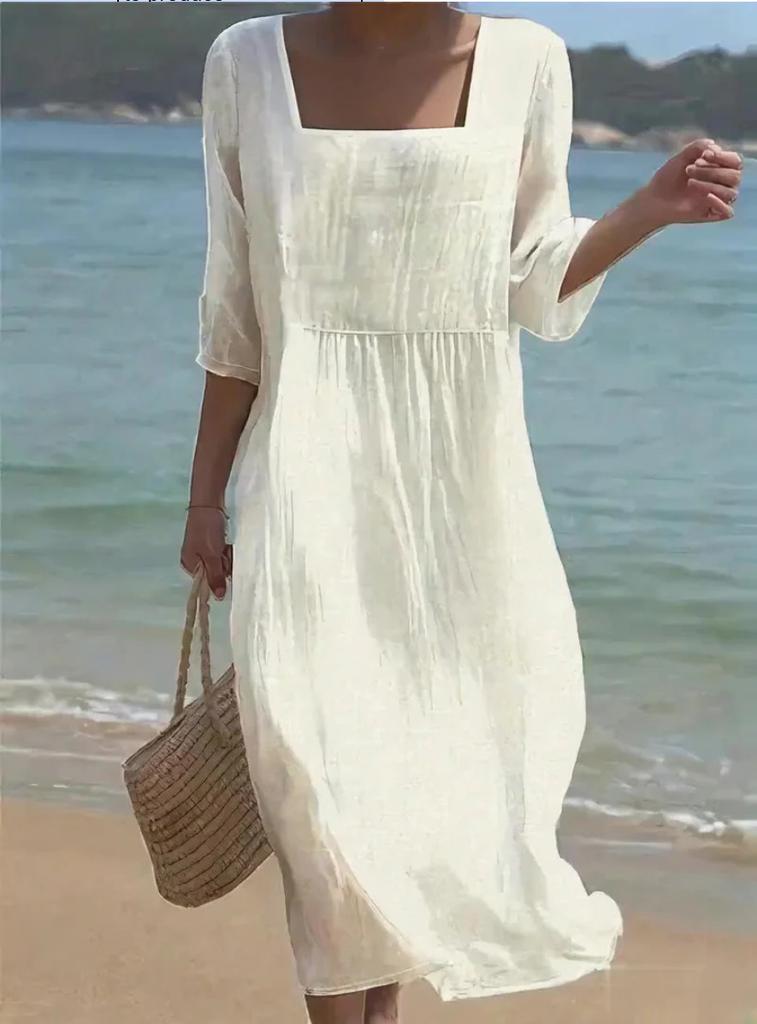 Women's Round Neck 3/4 Sleeve Midi Dress Casual Loose Solid Color Beach Vacation Long Dress