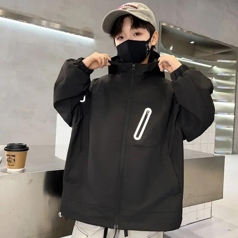 

Модные детские куртки для мальчиков, повседневные, с капюшоном, на молнии, детская ветровка, пальто, мультяшная верхняя одежда для мальчиков 4 6 8 10 12 лет, детская одежда 110 чёрный