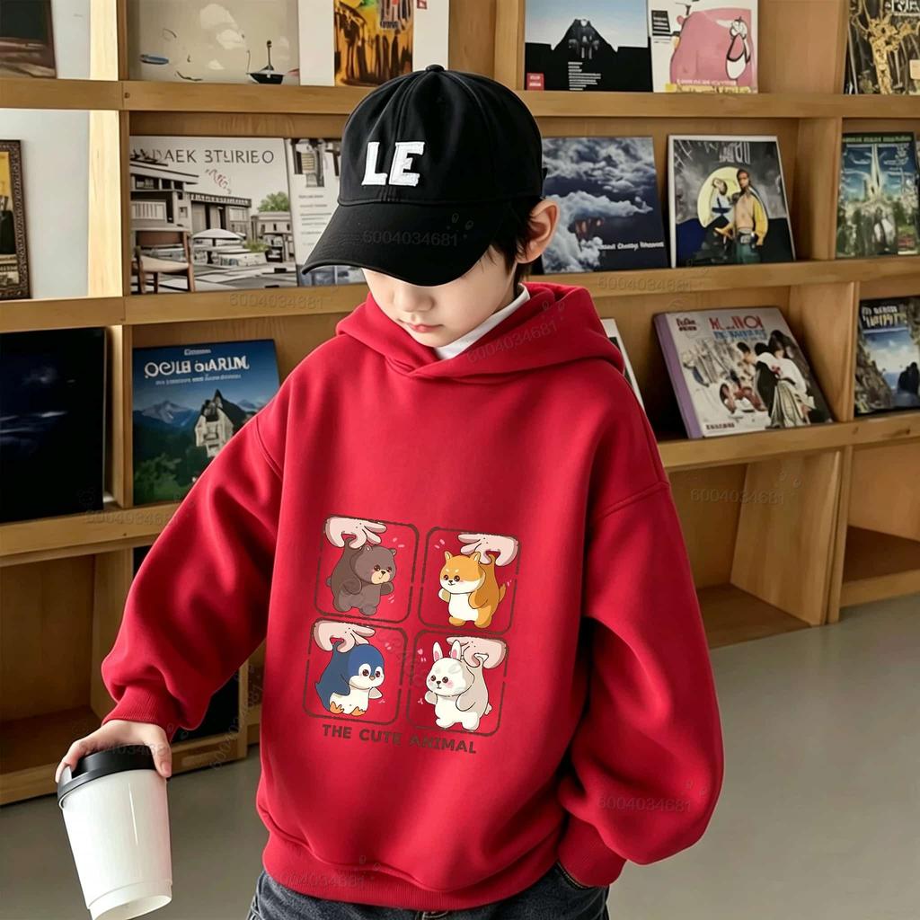 Autumn and winter trendy cute animal print children's sweatshirt, comfortable and warm everyday hooded top for boys and girls