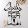 4pcs Sexy Ultra-thin Mesh Women'S Lingerie Set with French Hollow Lace Breathable Bra Thong Thigh-High Socks and Thigh Lace Trim