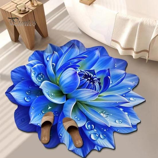 Shower Floor Mat 3D Flower Area Rug Realistic Floral Pattern Plush Absorbent Bathroom Non-Slip Soft Velvet for Living Room Bedroom Kitchen Entryway