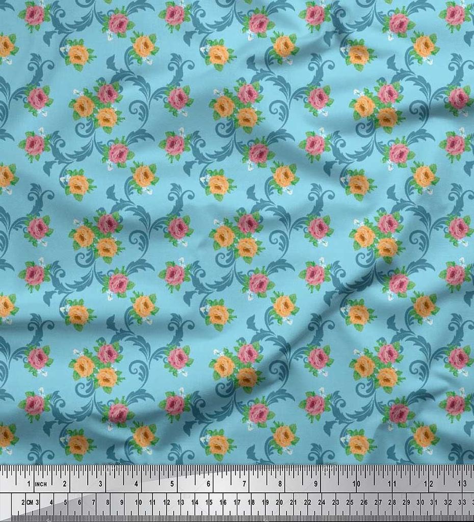 Soimoi Japan Crepe Satin Fabric Swirl,Leaves & Rose Floral Printed Fabric 1 Metre 42 Inch