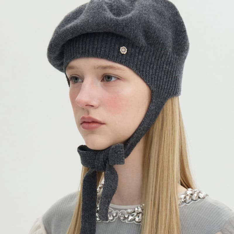 Brown Hat Tricot Ribbon Beret - Grey