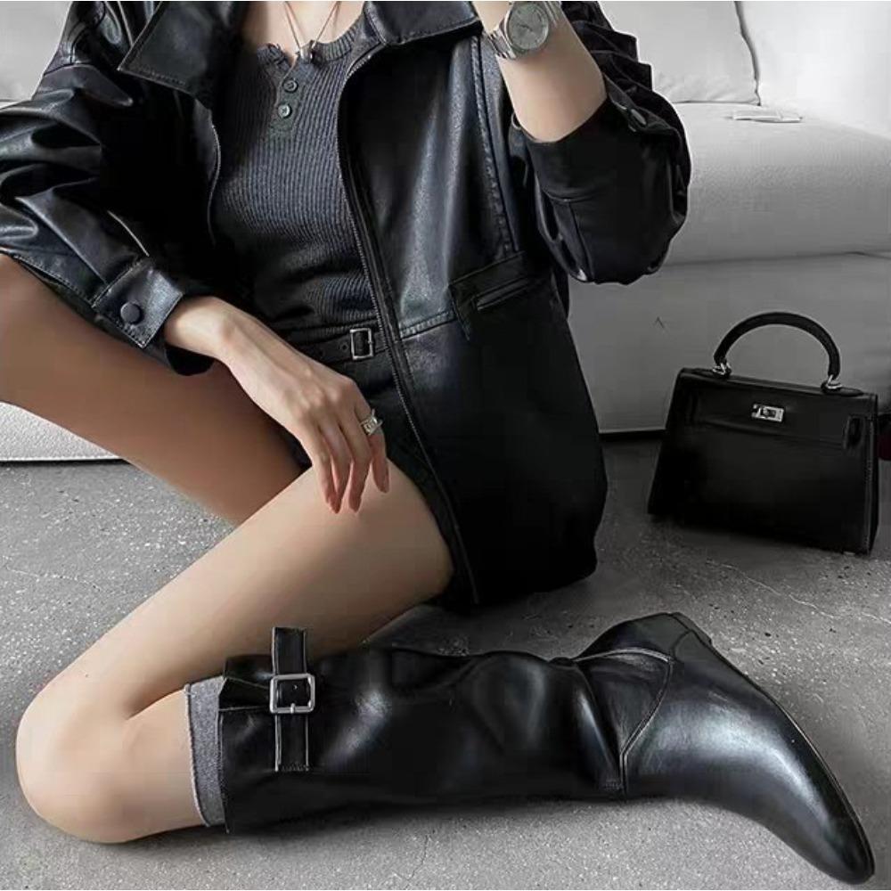 Fashion Medium Boots Women Winter Retro Inner Heightening Folds Piled Shoe Round Head Low Heel Belt Buckle Knight Boots Long Shoes Women