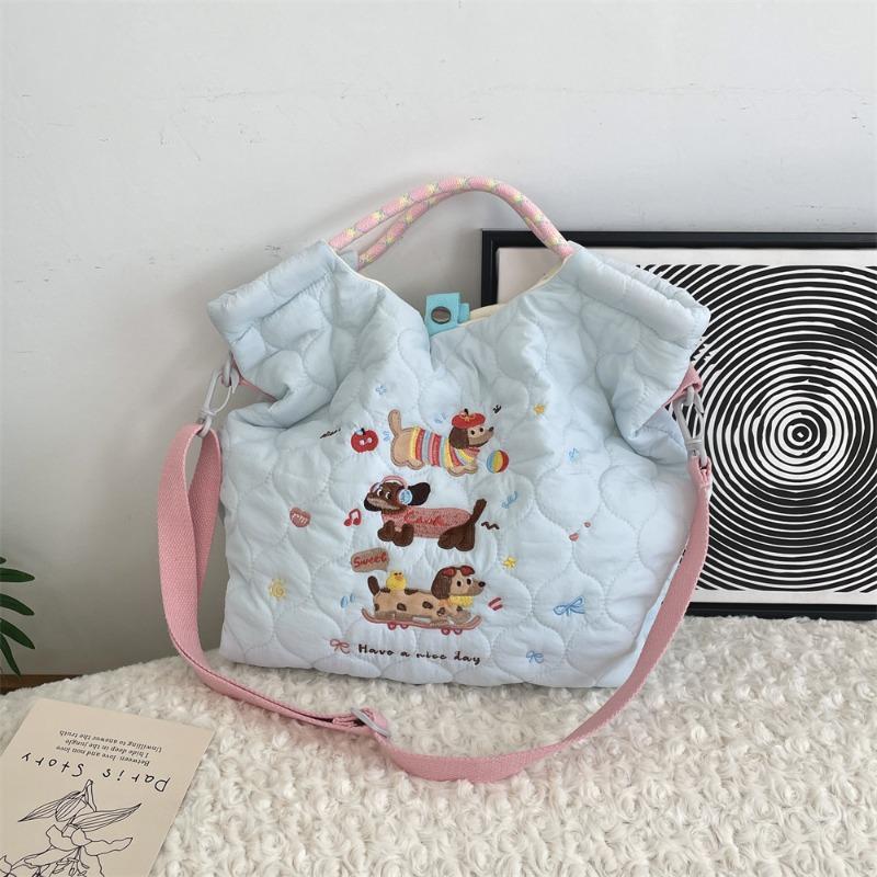 2 Cartoon Embroidery Soft Cute Messenger Bag Large Capacity Shoulder Tote Bag Quilting Cotton Commuter Tote Bag