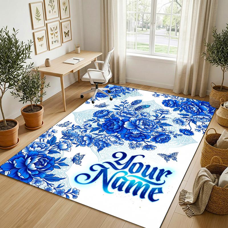 Blue Floral Elegance Theme Soft Crystal Velvet Rug Custom Name & Text Print Non Slip Floor Rug for Bedroom Living Room