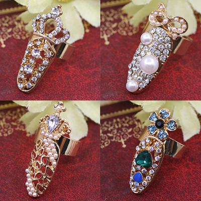 Women's Fashion Rhinestone Flower Crown Bowknot Finger Tip Nail Cover Ring