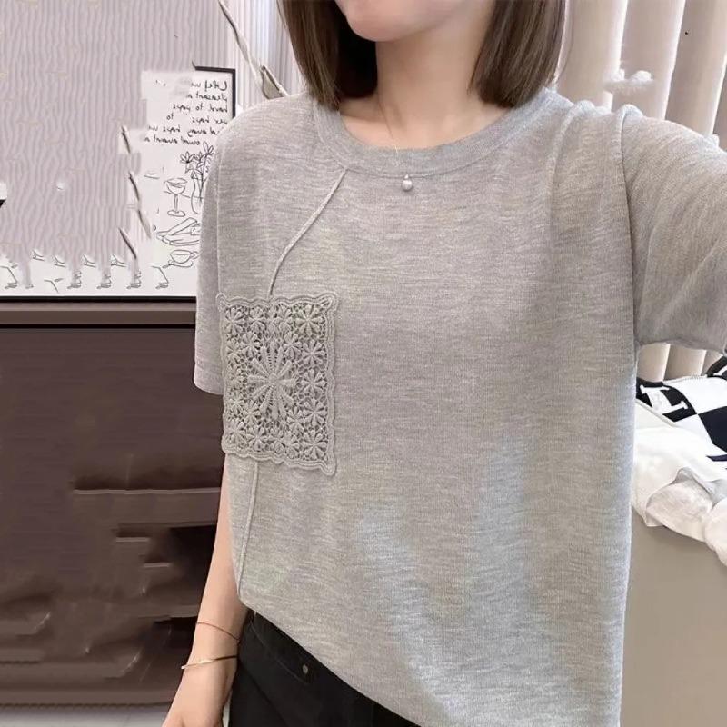 gray crew neck short sleeve lace patchwork t shirt for women casual wear