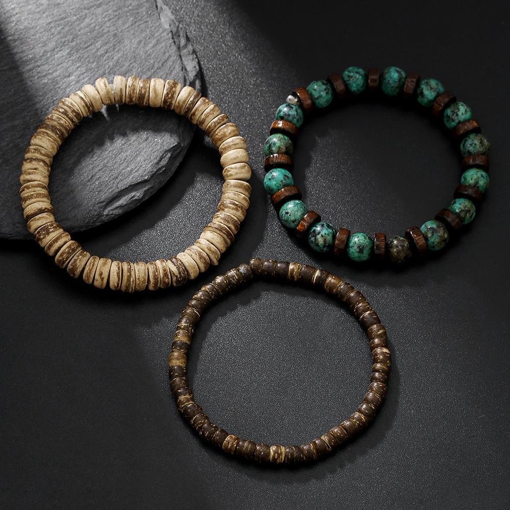 Mehrschichtiges, stapelbares Armband-Set aus Holzperlen für Damen und Herren im handgefertigten afrikanischen Türkis-Stil