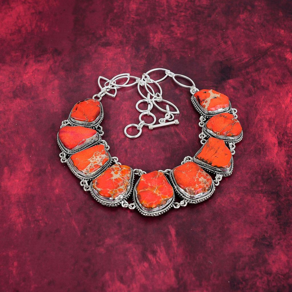 Orange Sea Sediment 925 Solid Sterling Silver Necklace with Adjustable Chain, Handmade Gemstone Jewelry Necklace For Memorial Day