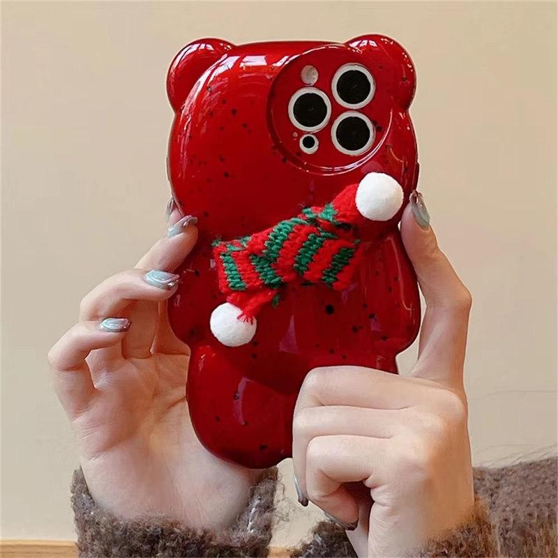 Cute Cartoon Christmas Scarf 3D Splashing Ink Bear Phone Case For iPhone 16 15 14 13 12 11 Pro Max Lovely Gift Back Cover Funda