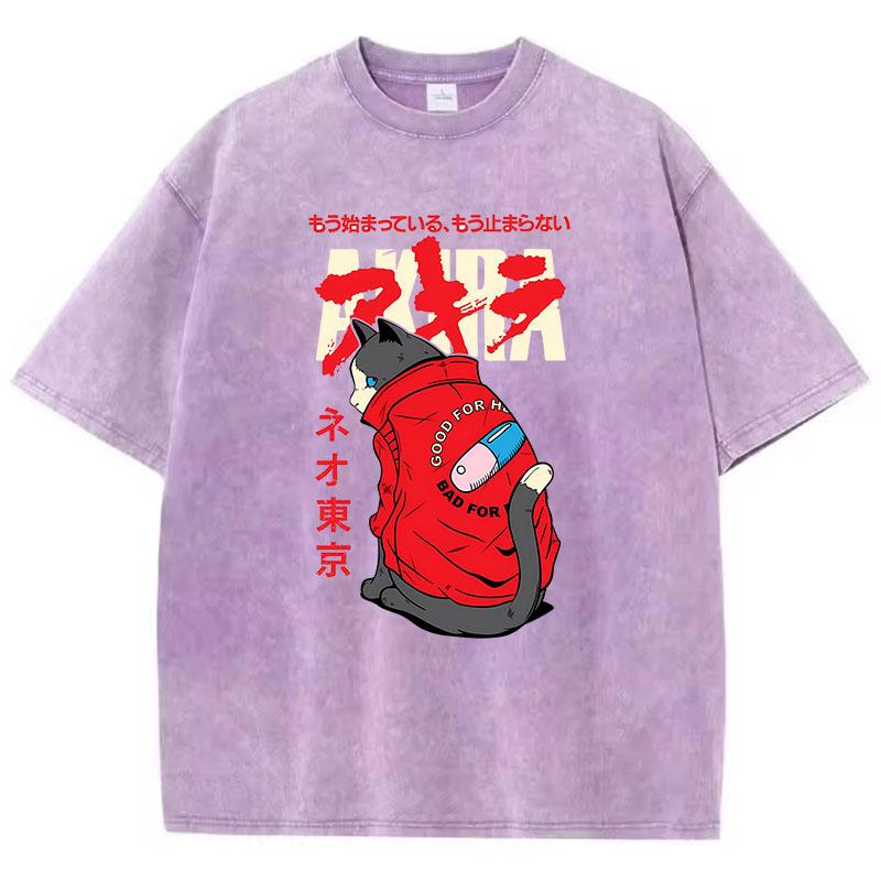 T Shirt Vintage Washed Cotton T-Shirt Japanese Anime Akira Tokyo Cat Graphic Tee Casual Streetwear Spring Summer