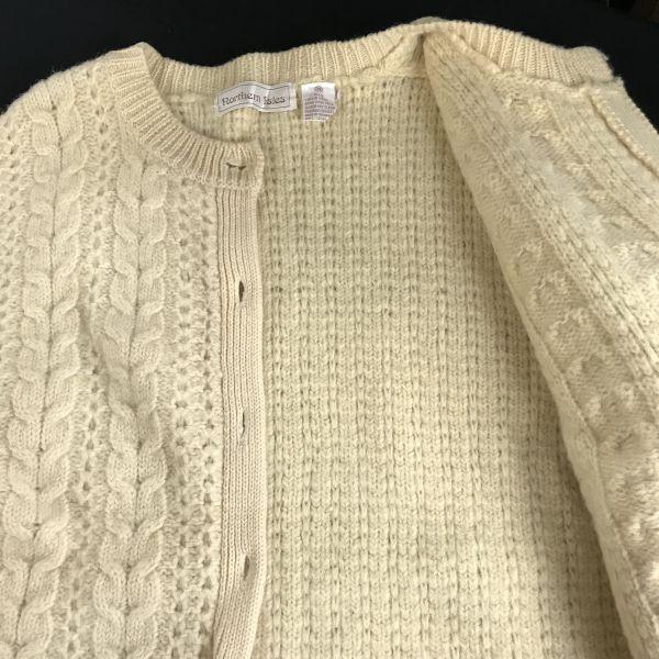 Northern Isles 100% Virgin Wool Long Cardigan Women M Ivory Aran Pattern Vintage(USED)