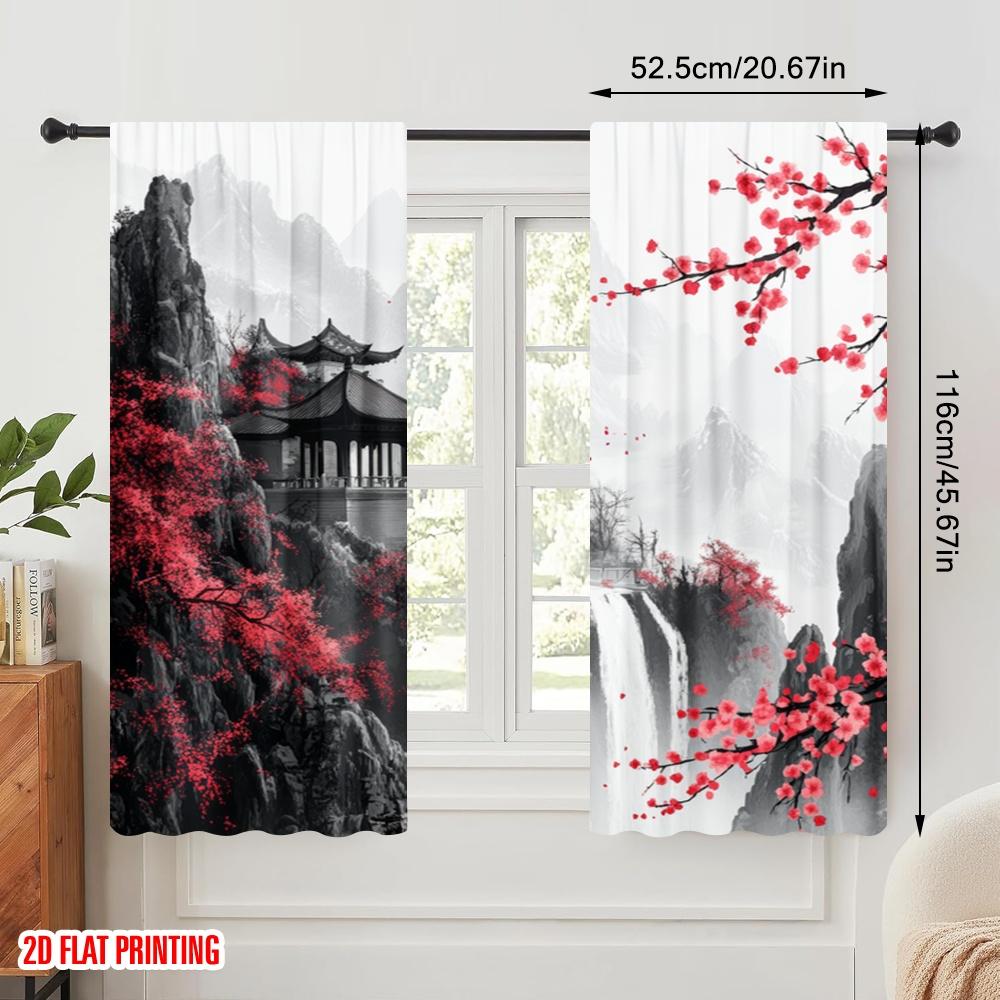 2pcs,2D Plane Printing Print Curtains Cherry Blossom Fortress Polyester (without Rod) Decorations Outdoor Ldeal for Bedroom,