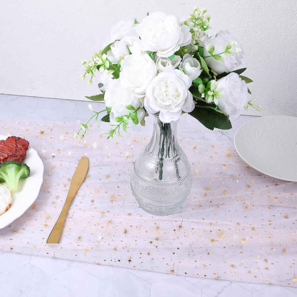 10FT × 2.3FT Pink Lace Table Runner, Gold Stars Foil Glitter Table Runner Sheer Chiffon Tulle Cheesecloth Wedding Runners, Golden Sequin Glitter