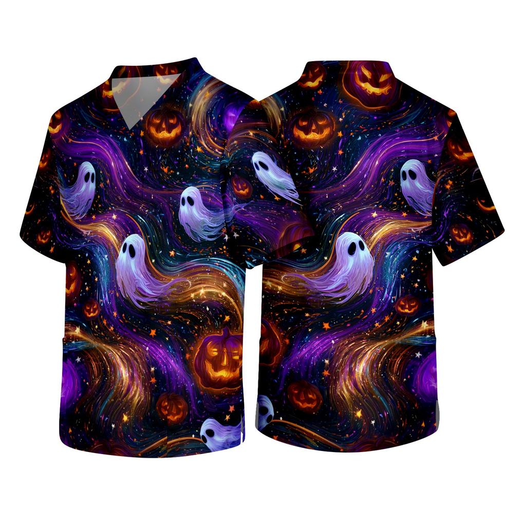 Men's Short Sleeve V-Neck Halloween Print Scrub Top with Chest Pocket