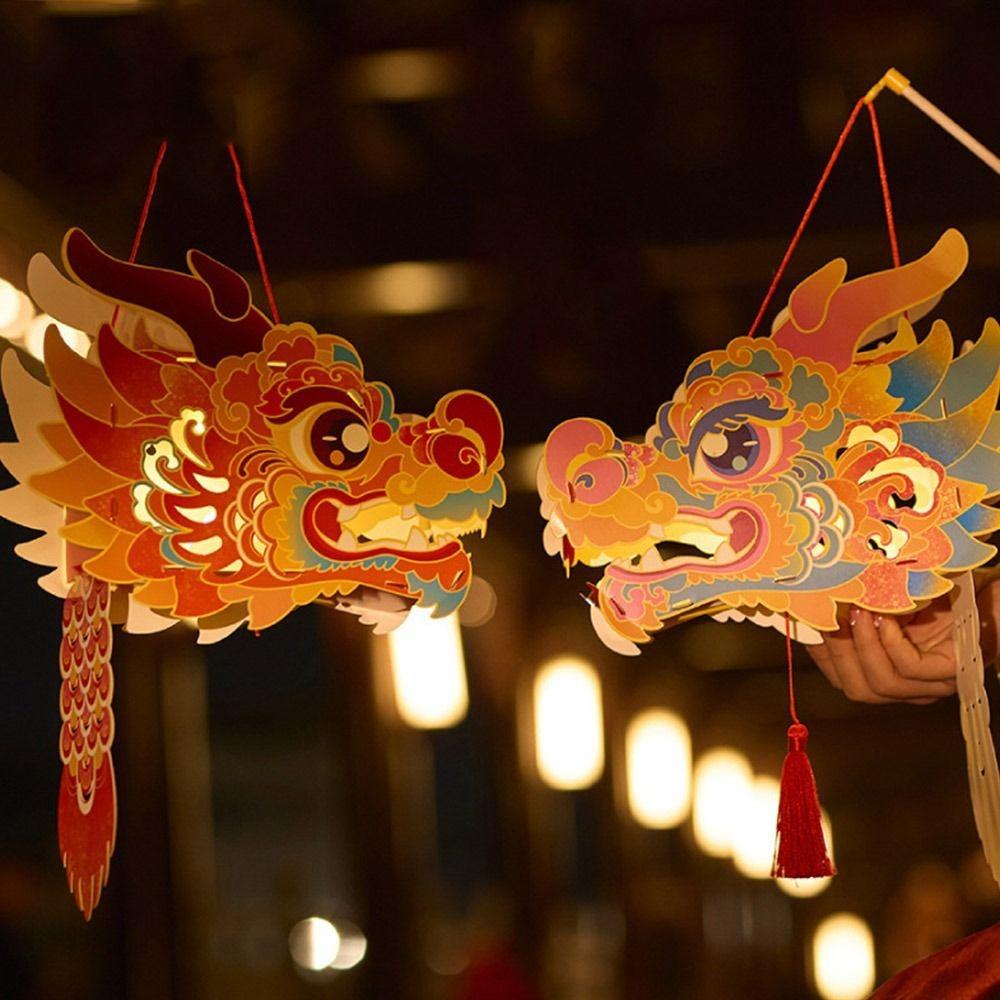 Chinese Style Dragon Head Lantern Glowing Luminous Handheld Lanterns DIY Lantern  Kids Gifts