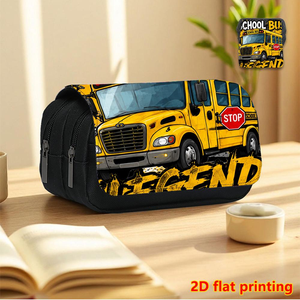 Graffiti School Bus Legend 2D Printed Double-Layer Flip-Top Black Pencil Case - Back-to-School Essential Pencil Box, Daily Multi-Functional Makeup Bag