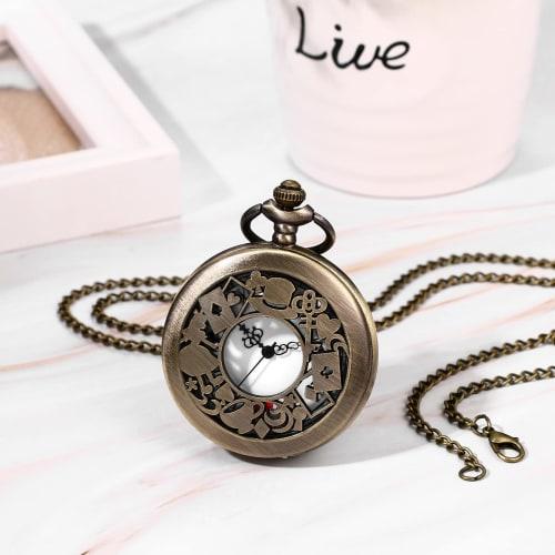 Cute Alice in Wonderland skeleton pocket watch, antique Roman analog, waterproof with lid, pendant watch, women's necklace, retro fashion accessory, p