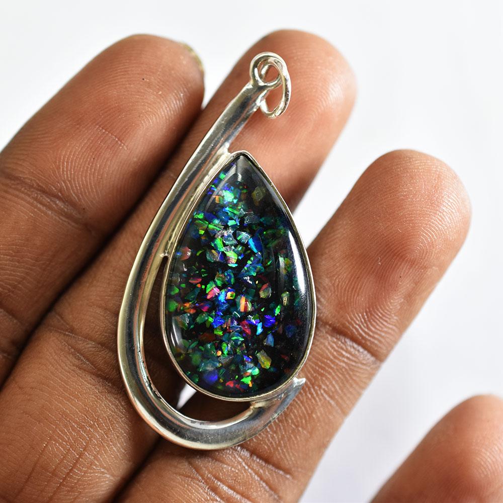 Natural Opal Pendant 37 ct Multicolor Pear 925 Sterling Silver for Her October Birthday Birthstone