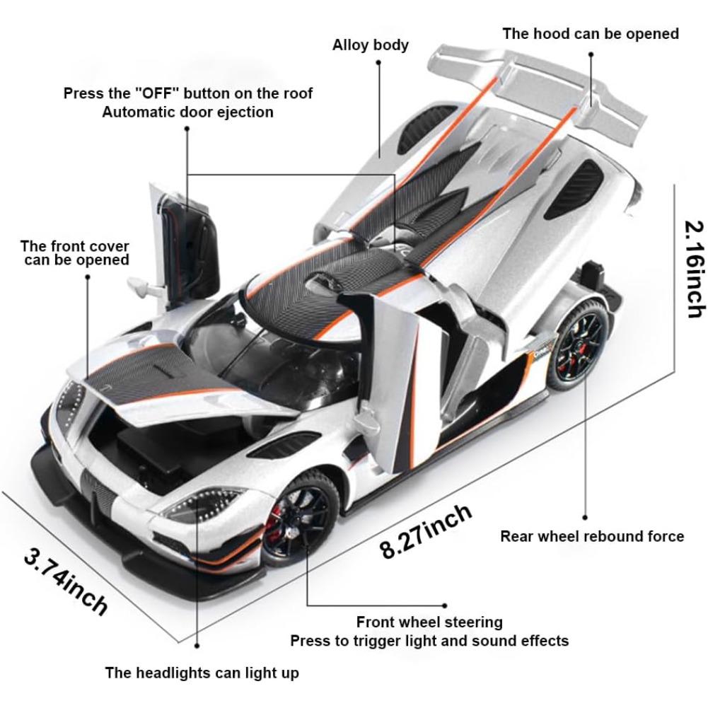 Литая под давлением модель автомобиля Koenigsegg ONE в масштабе 1/24, с открывающимися дверцами, звуковыми и световыми функциями для мальчиков, детей и взрослых (Кенигсегг Белый)
