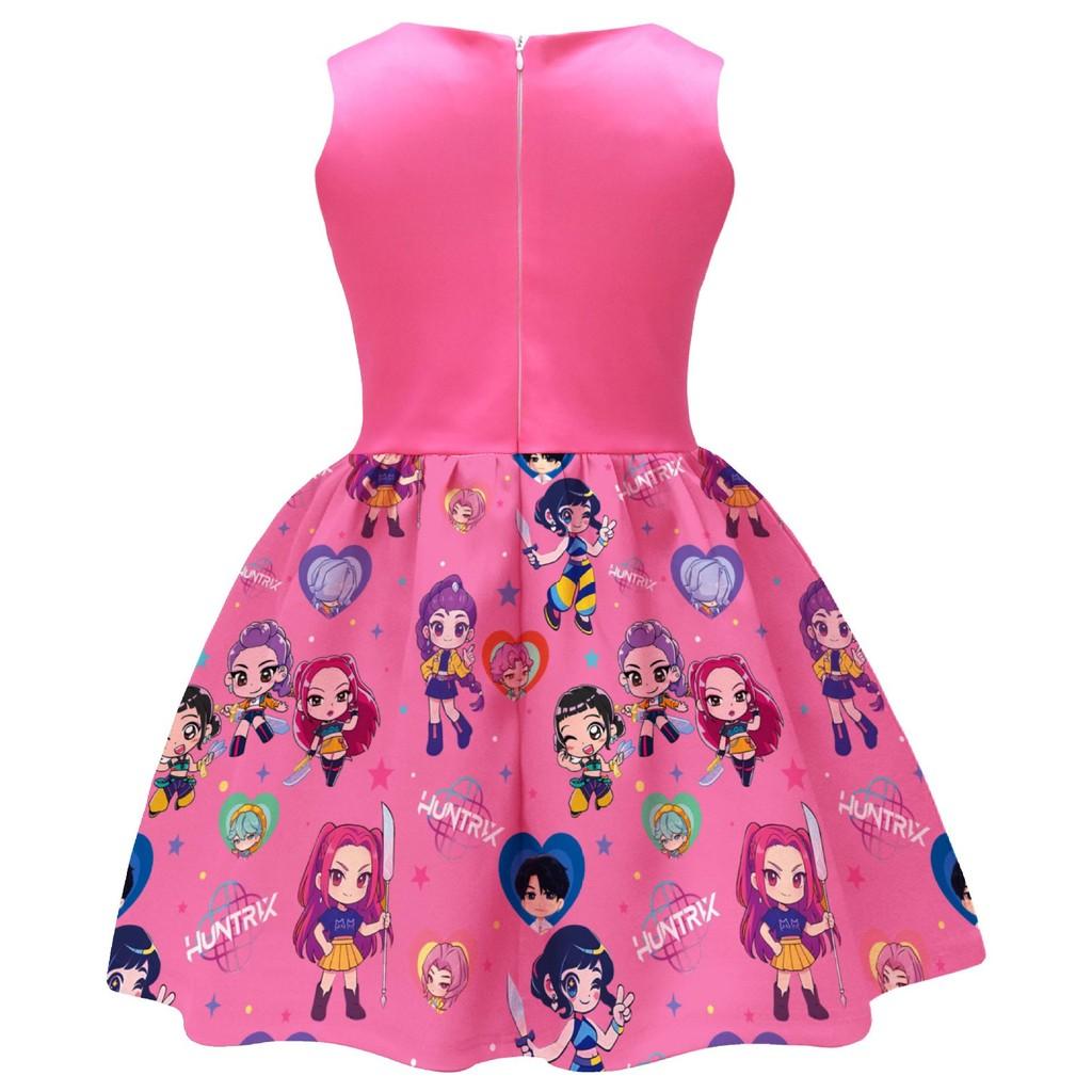Kids Girls Anime Cartoon K-Pop Hunters Rumi Zoey Mira Printed Bow Sleeveless Casual Dress