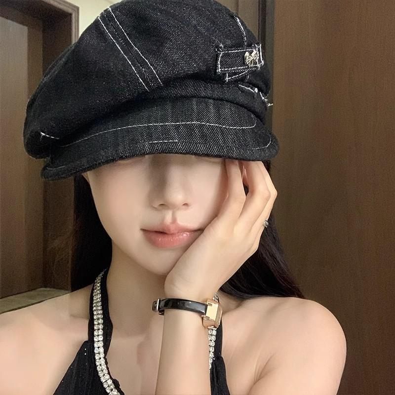 Japanese Retro Denim Literary Beret Female Summer Octagonal Hat Street Niche Personality Show Face Small Personality Hat