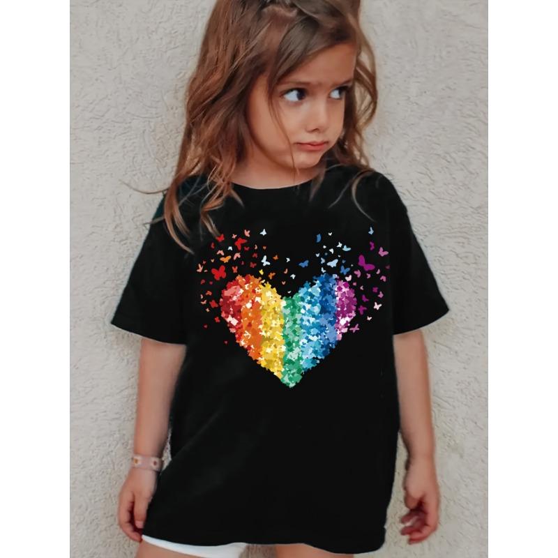 2026 Rainbow-colored Heart Round Neck Cotton T-shirt ChildrenFashion Sequined Heart-patterned Trendy Item for Girls Kid Clothing