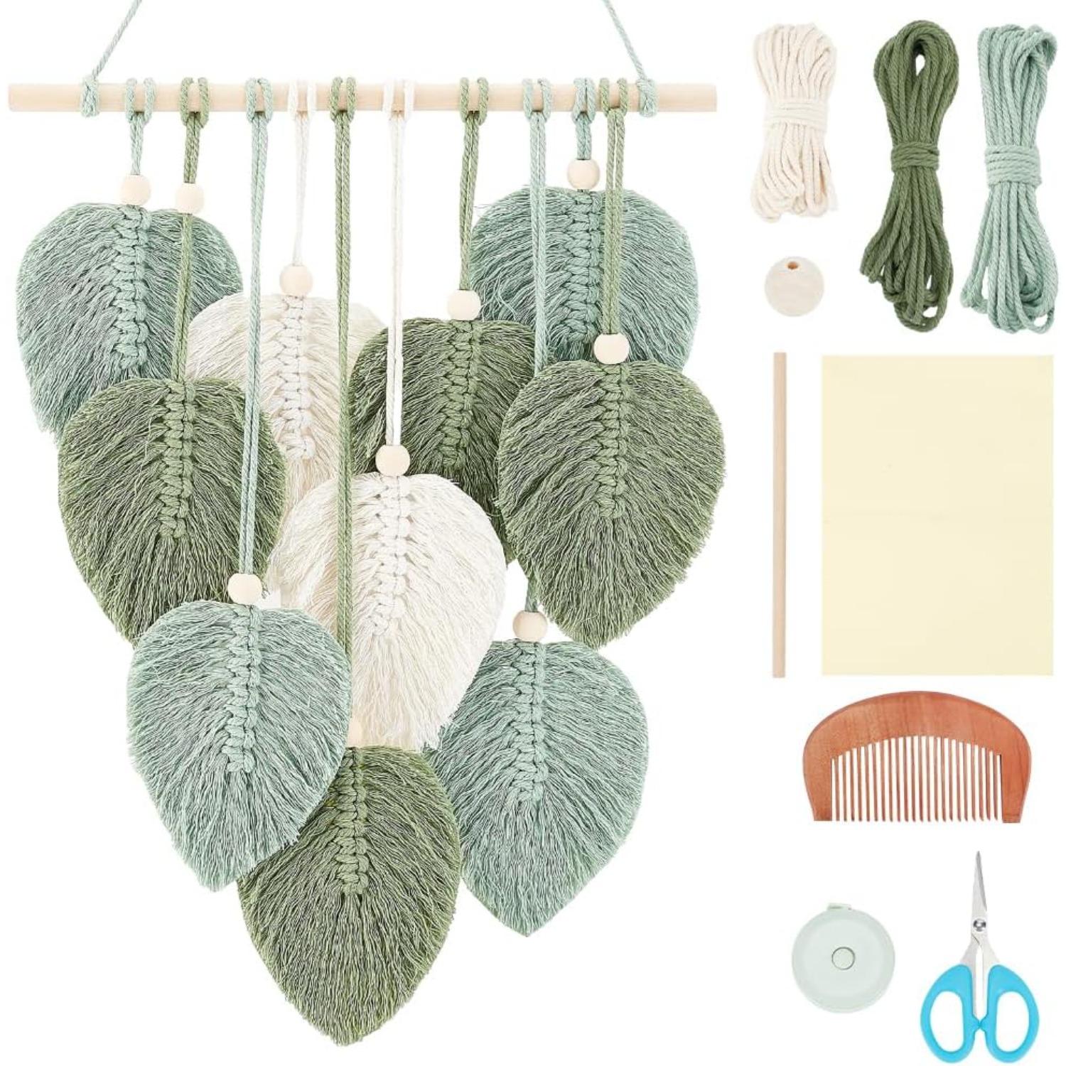 DIY Macrame Leaf Wall Hanging Beginners Macrame Kit Leaf Woven Tapestry Feather Wall Hanging DIY Macrame Kit for Adults Birthday Gift 10PCS