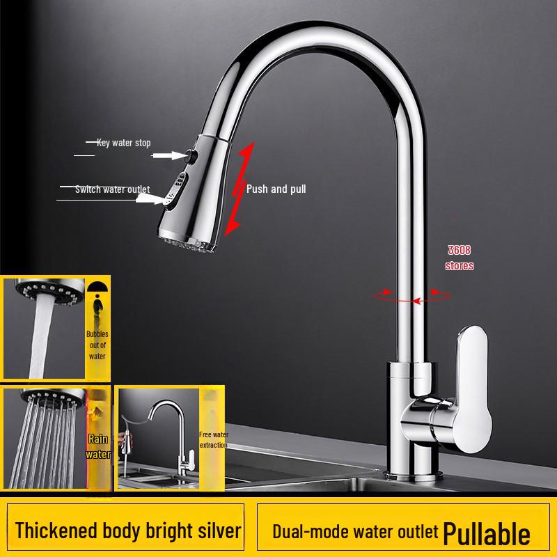Dual-Outlet Stainless Steel Pull-Out Kitchen Faucet with Rotatable and Retractable Design
