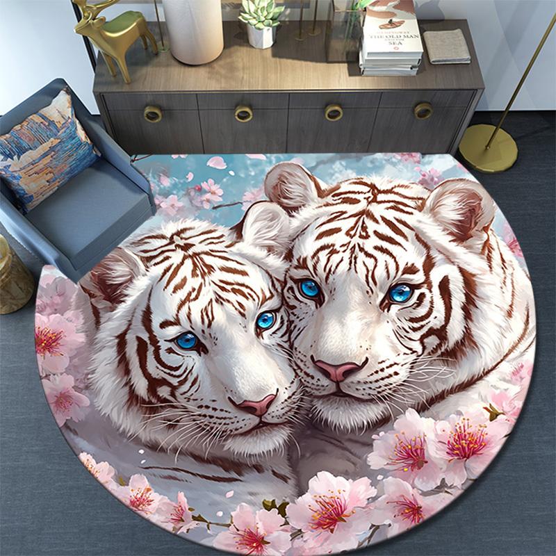 White Tiger Round Area Rug,Carpet Rug for Living Room Bedroom Sofa Playroom Decor,Non-slip Floor Mat