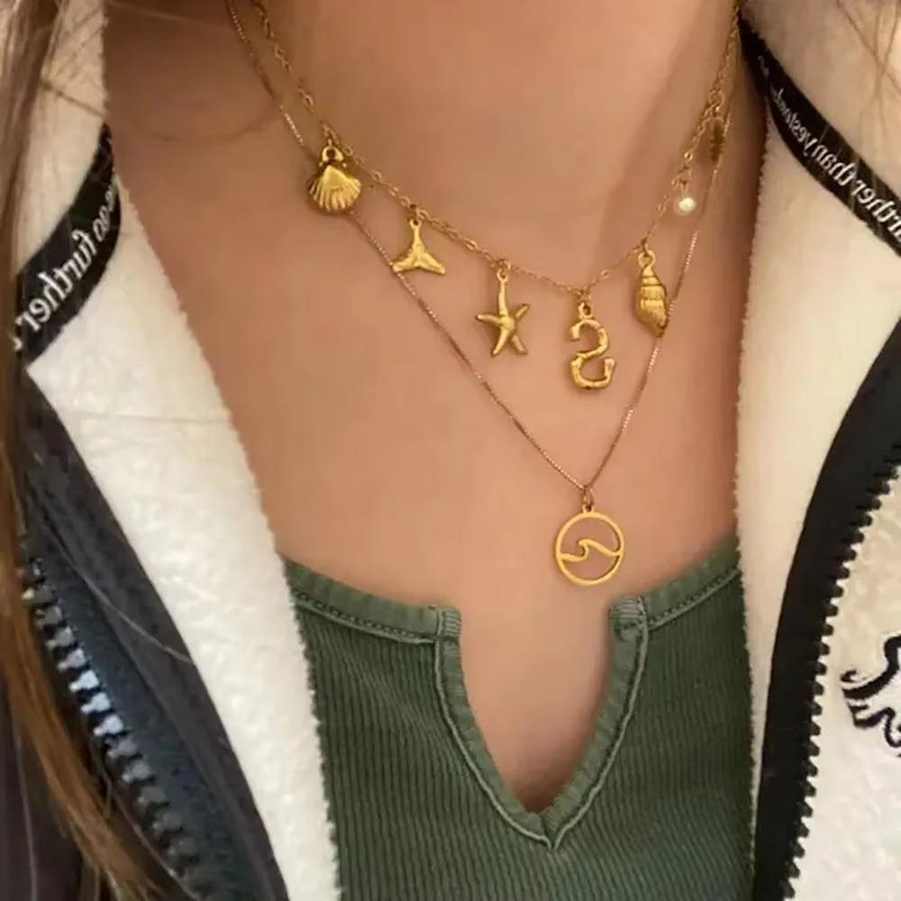 Gold Color Shell Necklace Copper Pearl Choker Simple Letter Pendant Necklace  Women