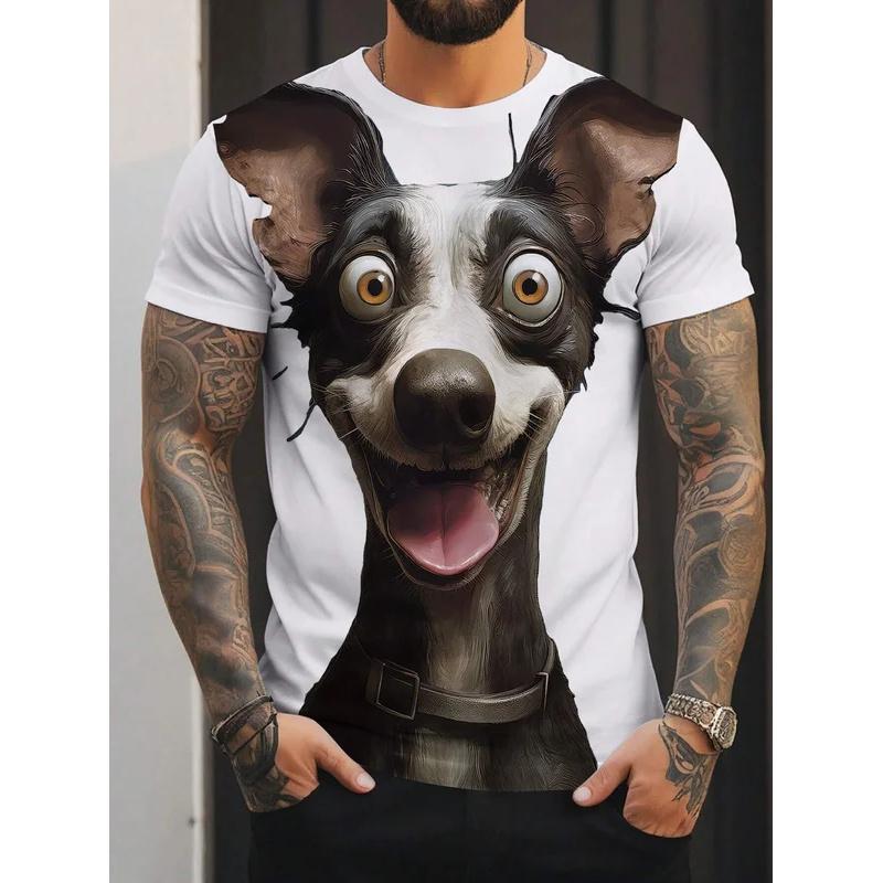 Summer Round Neck 3D Funny Big Eyes Dog Pattern Print Top Fashionable Casual Short Sleeved Men's T-shirts