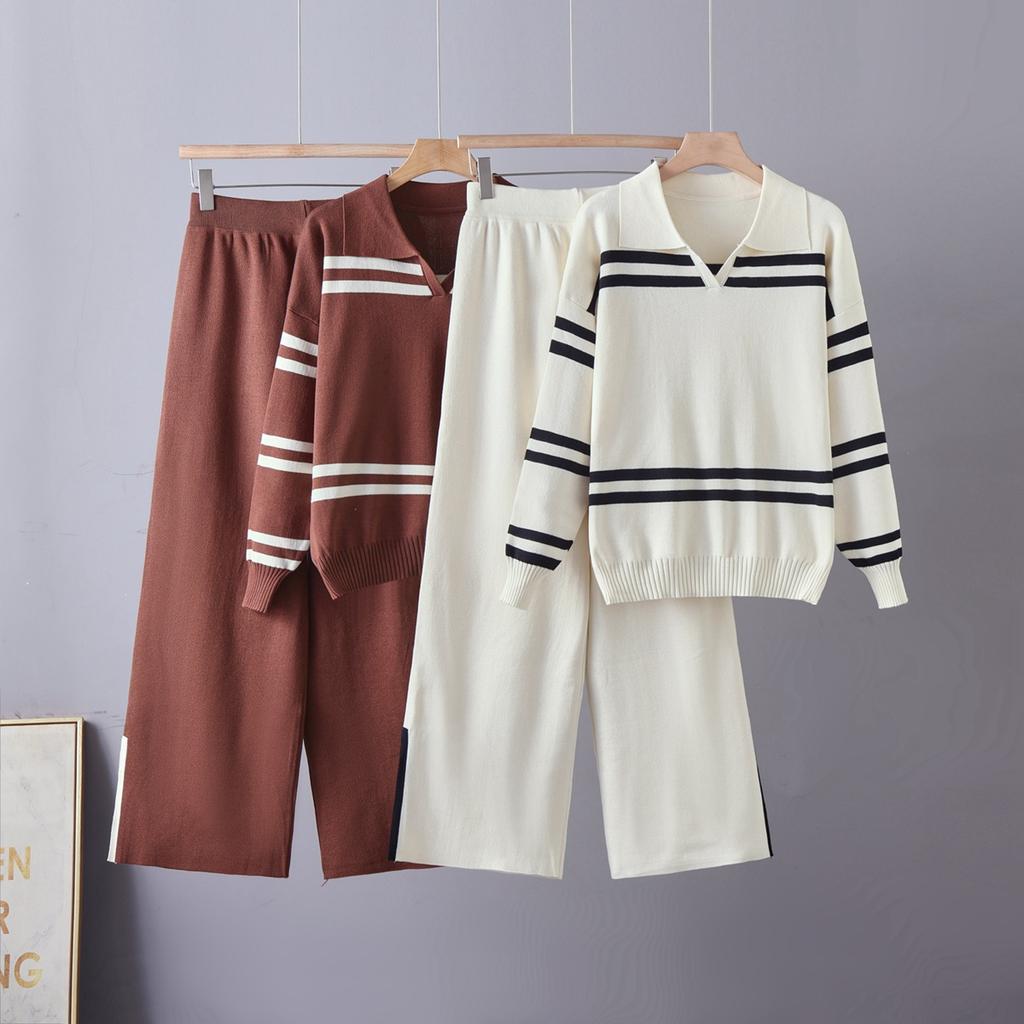 1116 new casual contrasting color striped lapel women's knitted sweater loose versatile lazy style knitted suit
