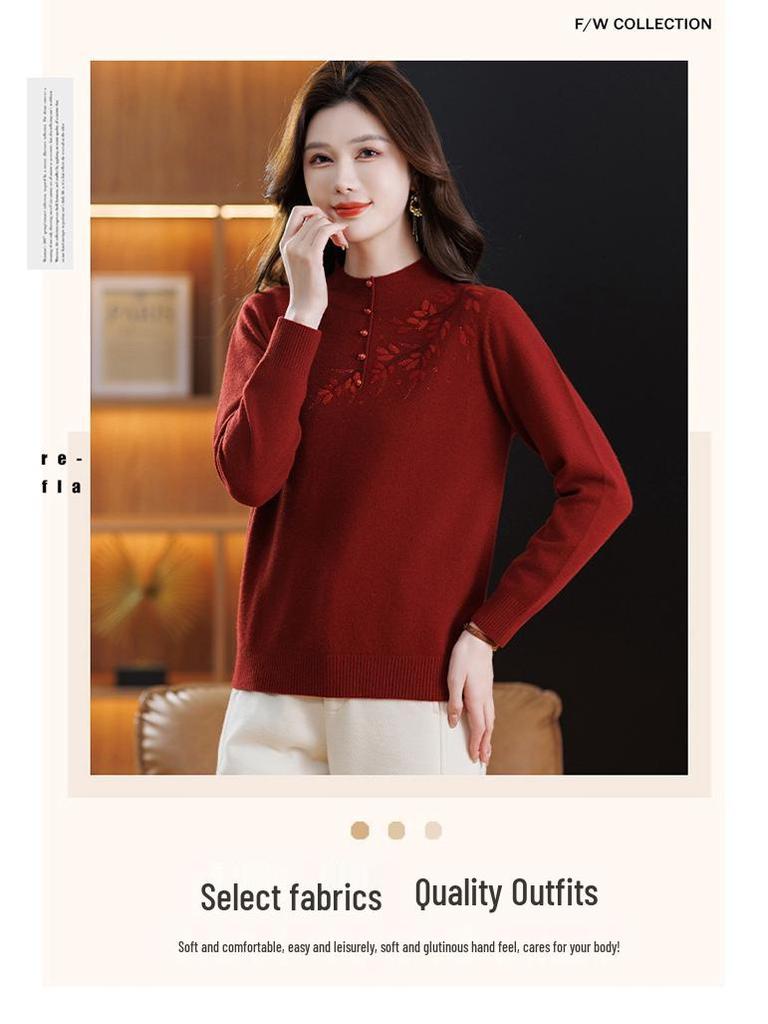 Women's Plus Size Pure Wool Embroidered Sweater - Autumn/Winter Base Layer with Half-high Collar, Perfect for Middle-aged and Elderly Moms.