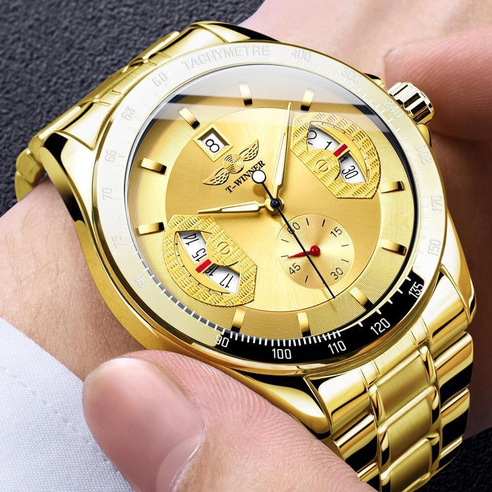 WINNER Sports Gold Automatic Watch for Men Date Display Luminous Hands Stainless Steel Strap Top Brand Luxury Mechanical Watches