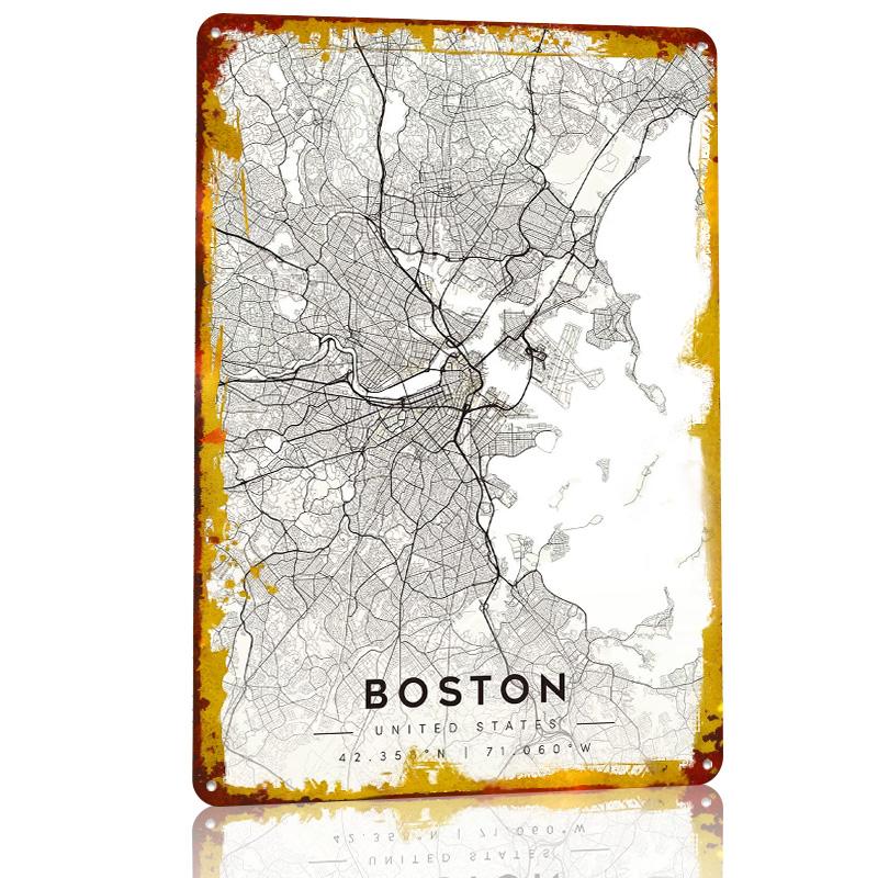 Boston City Map Minimalist Metal Poster Customized Wall Art Retro Vintage Tinplate Signs for Interior Accessories Office Decor