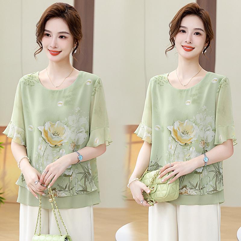 

Chiffon Round Neck Blouse - Fashionable Summer Top for Middle-aged Women with 3/4 Sleeves 4XL for 130-140 catties світло-зелений колір