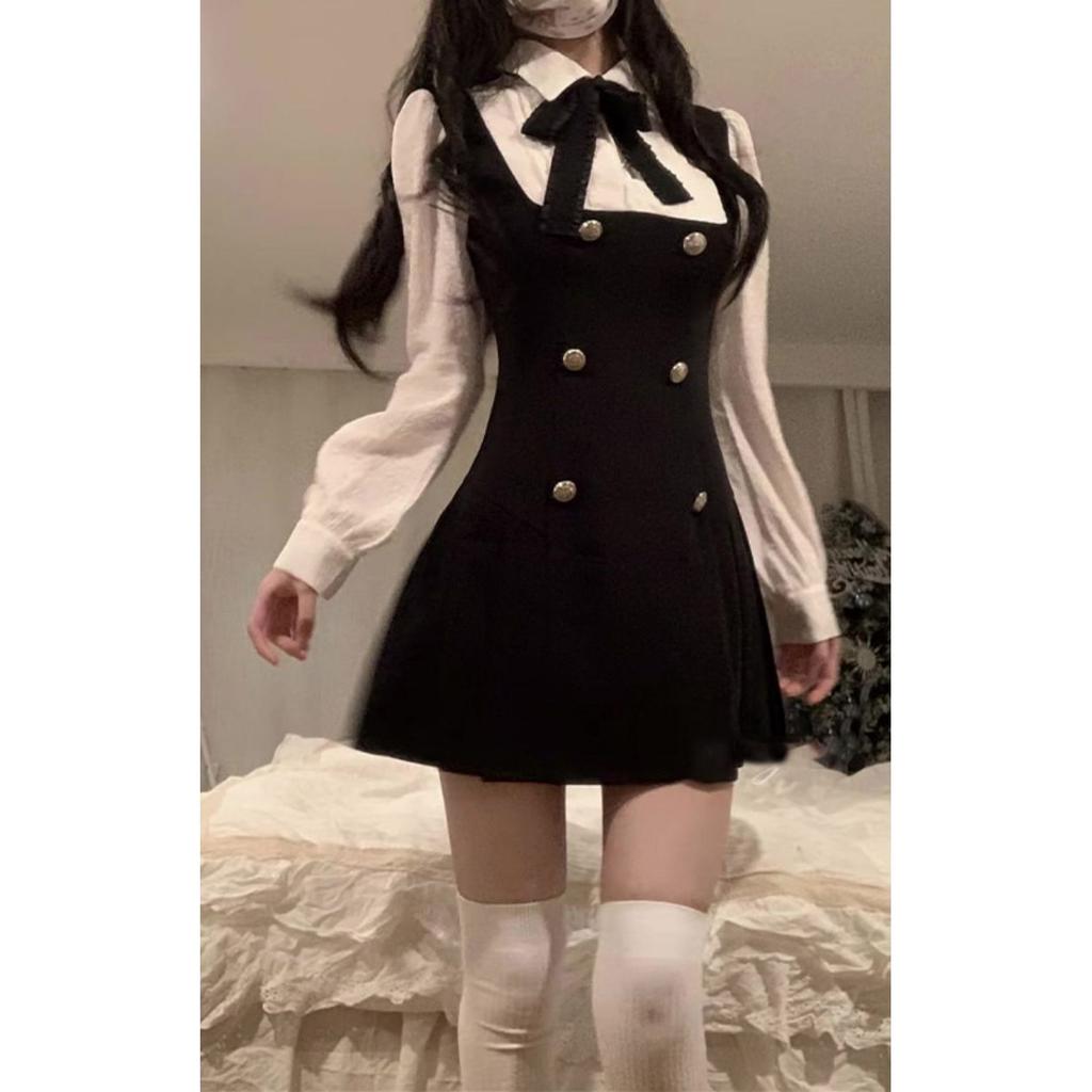 Spring and autumn new female rich daughter waist thin French strap fake two-piece dress children