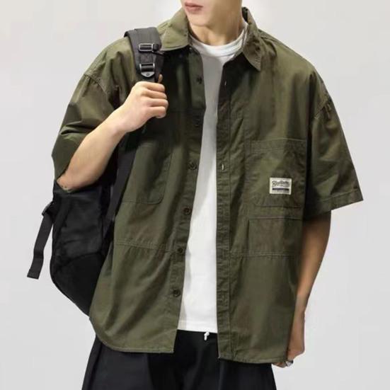 Men Shirt Turn-down Collar Hip Hop Buttons Cool Breathable Single-breasted Cardigan Solid Color Multi Pockets Summer Cargo Shirt Male Clothes