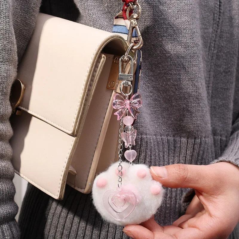 Korean Cute Plush Cartoon Cat Claw Keychain Soft Pink Key Ring Pendant Backpack Car Pendant Decoration Keyholder Lolita Girls