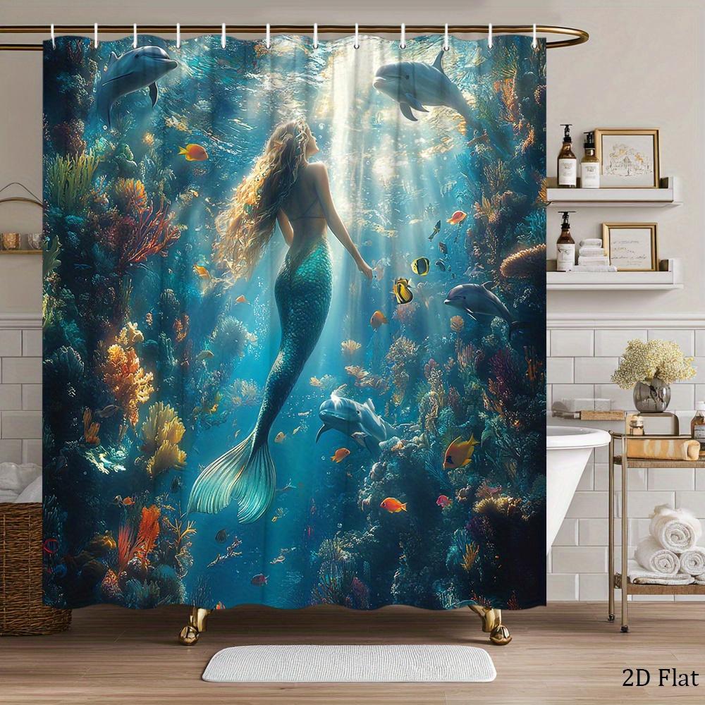 Jessica Chen Coral Mermaid Shower Curtain Underwater Ocean Scene Dolphins Fish Reef Art Fantasy Decor Waterproof Fabric Bath Curtain Set Home