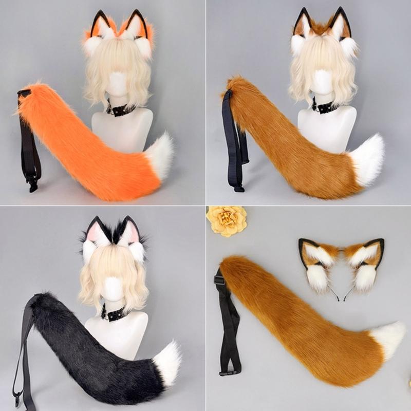 Halloween Foxes Ear Headpiece With Plush Tail Accessory Soft Furry Plush Costume Accessory For Family Parties
