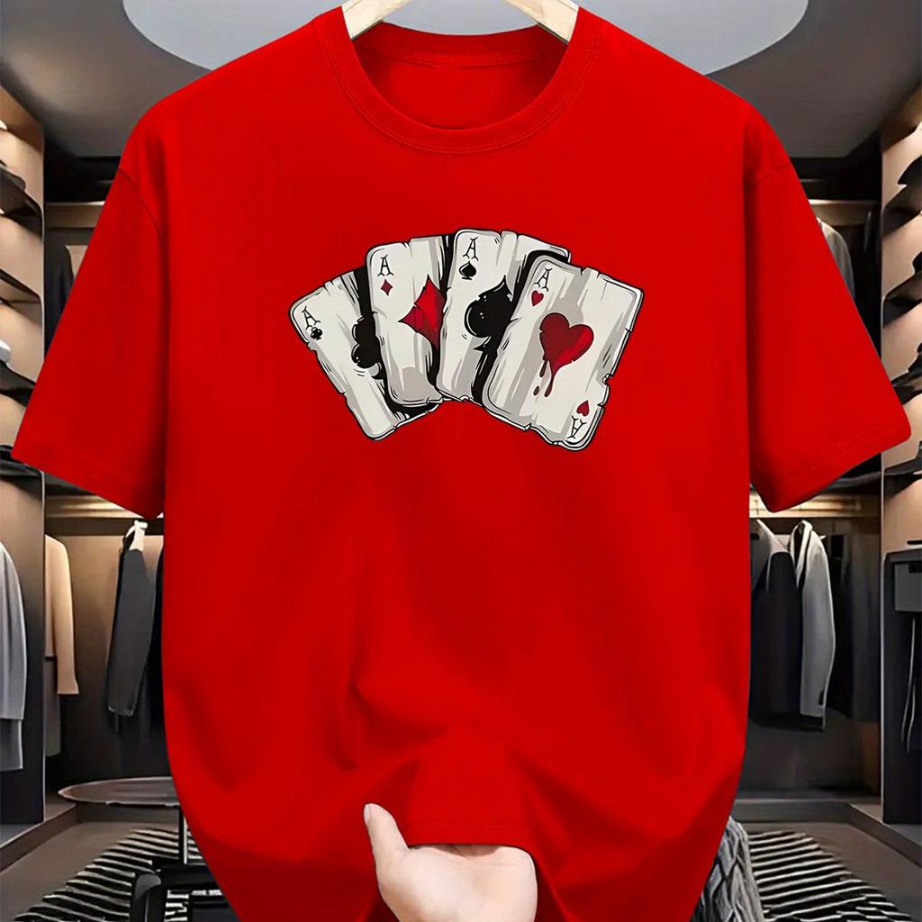 Sommer Herren 100% Reine Baumwolle Poker Karten Grafikdruck Lässig Locker Sport Bequem Rundhals Kurzarm T-Shirt Top