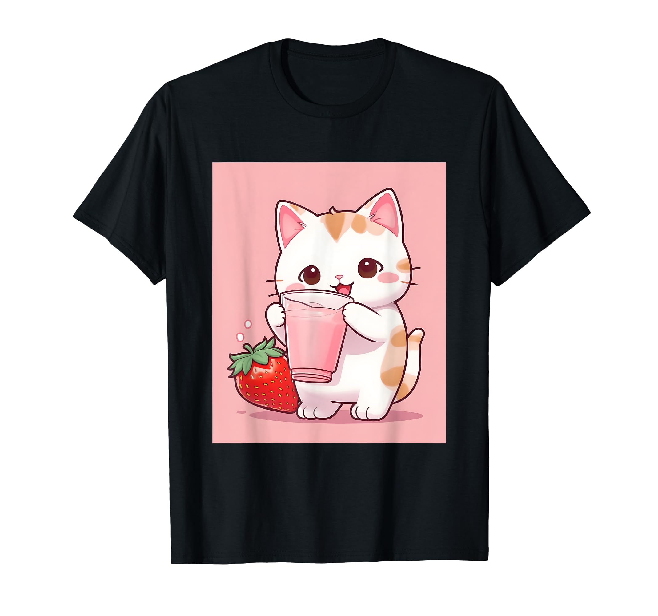 

strawberry things printed Kawaii, cat, milk, cute, Japanese, T-shirt чорний