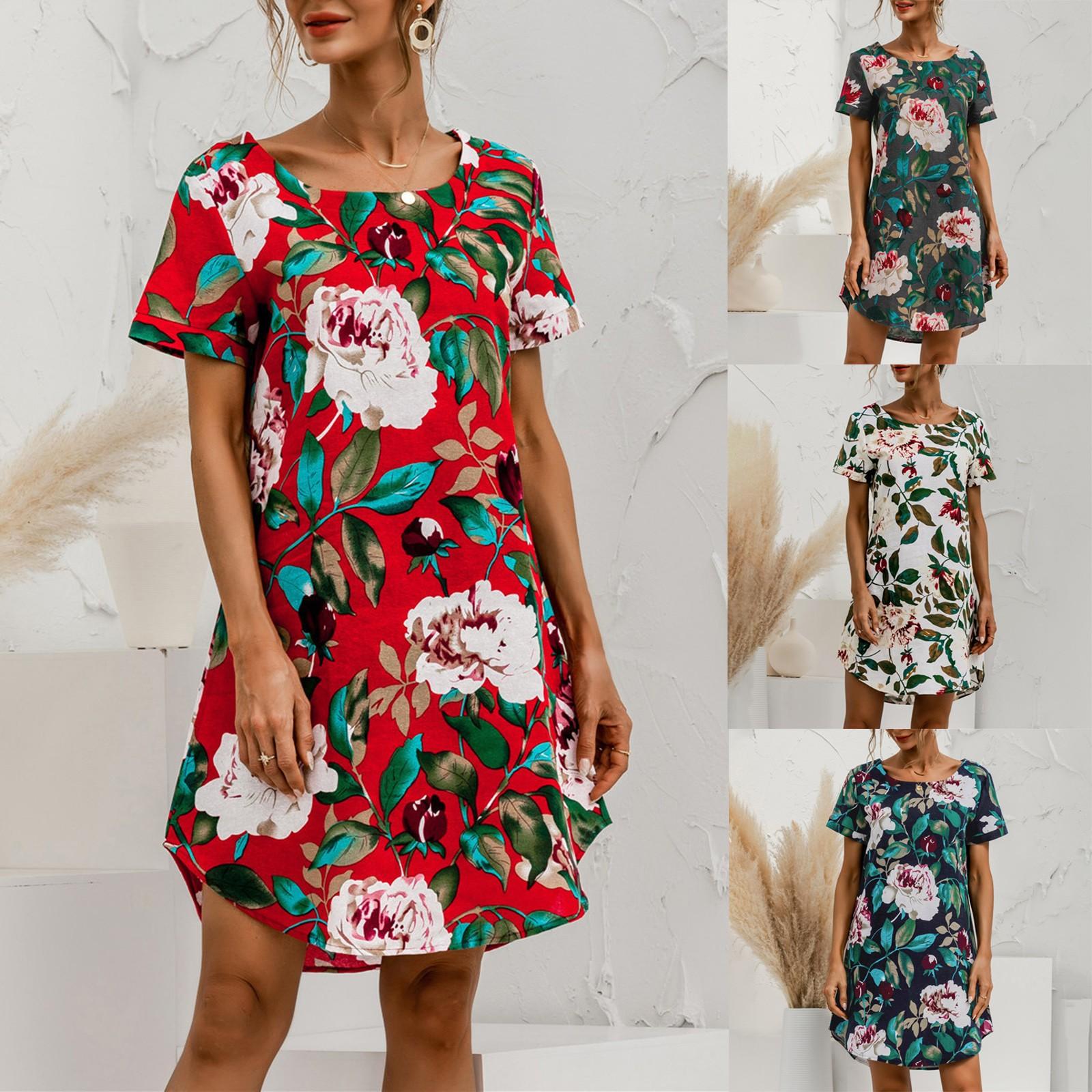 

Женское повседневное свободное короткое платье с коротким рукавом и круглым вырезом с цветочным принтом