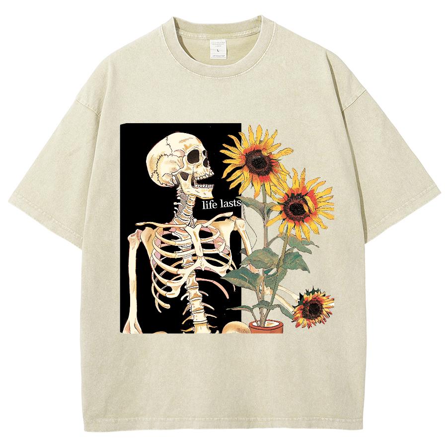 Skull Sunflower Print Printing T-Shirts Women 100% Cotton T-Shirt Breathable Clothing Casual Oversized Tee Shirt