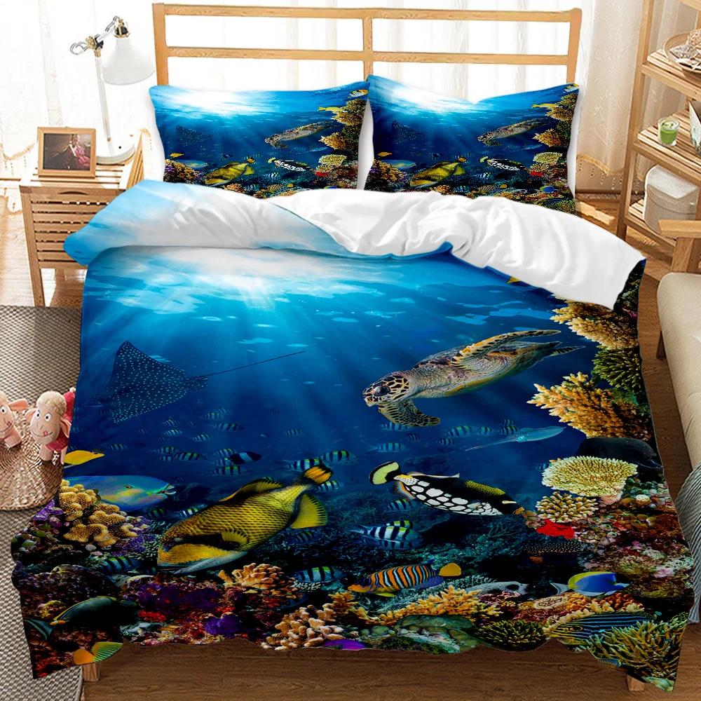 Ocean Fish Duvet Cover Set Ocean Animals Fishes Theme Bedding Set Pillowcase Twin Double Queen King Size Polyester Qulit Cover