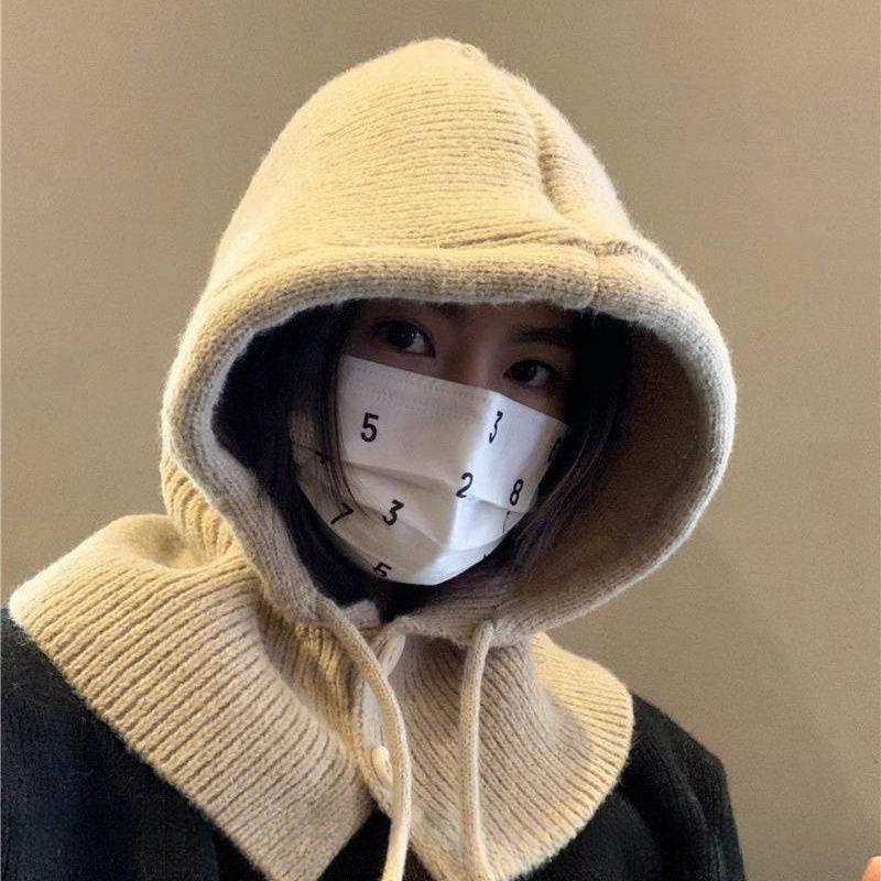 Schlichter Schal im koreanischen Stil mit integriertem Nackenschutz, warm, gestrickt, Wolle, Ohrenschutz, Schal, Mütze